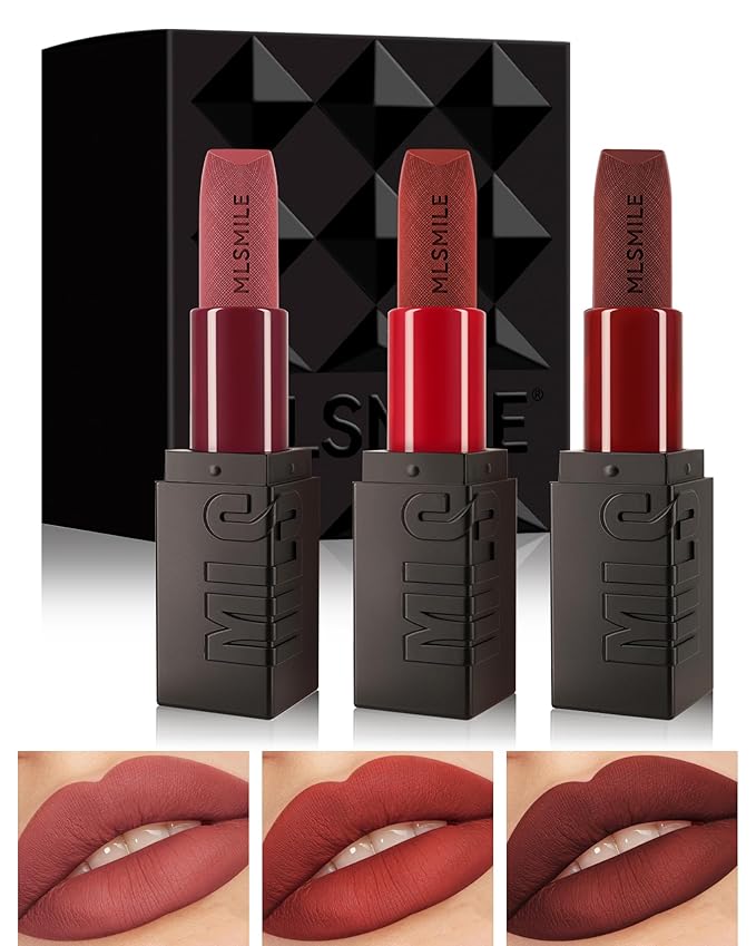 3 Pcs Matte Lipstick for Women Set, Rose Cherry Dark Red Brown Red Nude Matte Lipstick Long-Lasting Lip Makeup,Waterproof Smudge Proof Velvet Lip Gloss 24 Hours Lip Stick Lip Color Gift for Girl-Set B