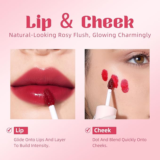 Liquid Cheek & Lip Stain, Korean Lip Tint with Moisturizing & Weightless, Non-Sticky, Long-Lasting, Kiss-proof, All Long-wearing, Vegan Makeup (Rose Cherry)