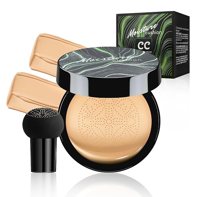 Air Cushion CC Cream Mushroom Head - Moisturizing Concealer Makeup Base Cushion Foundation Full Coverage Create Long-Lasting & Waterproof Makeup (Buff Beige)