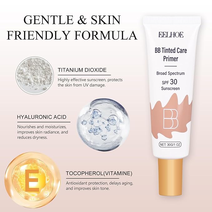 BB Cream Tinted Moisturizer with SPF 30–Lightweight BB Blur Tineted Care Primer,Hydrating Tinted Sunscreen for Face,Full-Coverage Skin Tint Makeup for All Skin Types with 2PCS Sponge (02 Natural)
