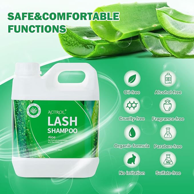 Eyelash Extension Cleanser Aloe 2L Natural Lash Extension Shampoo Professional Eyelid Foaming Cleanser Paraben & Sulfate Free Non-lrritating with Salon and Home Care