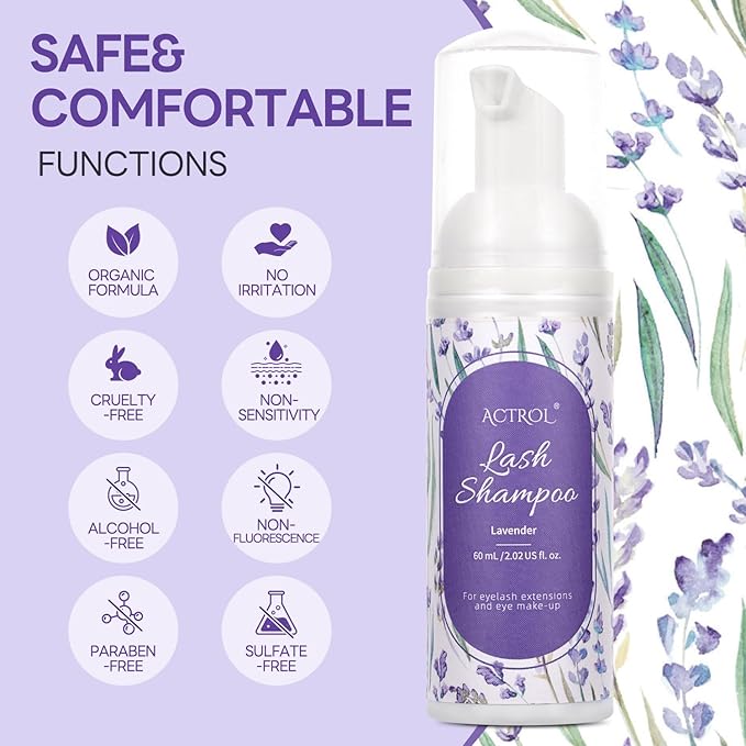 Eyelash Extension Cleanser 60ML Colored Purple Lavender Lash Extension Shampoo Lavender Professional Eyelid Foaming Cleanser Paraben & Sulfate Free Non-lrritating