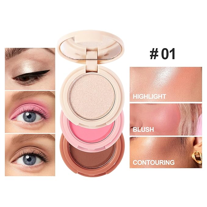 Makeup Eyeshadow Palettes, 3-in-1 Protable Multifunction Blush Highlighter Contour Palettes with 3 Trend Colors for Daily Natural Luster Makeup, Waterproof Long Lasting - 2 Pack #3