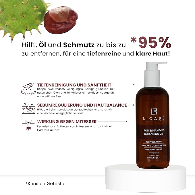 LICAPE® Skincare Duo – Dual-Phase Makeup Remover Oil 400ml & Micellar Pore Tightening Toner 200ml with Chamomile, Niacinamide & Horse Chestnut for Deep Cleansing, Oil Control & Balanced Skin