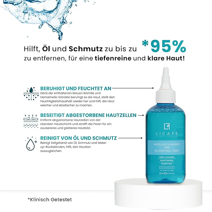 LICAPE® Skincare Duo – Dual-Phase Makeup Remover Oil 400ml & Micellar Pore Tightening Toner 200ml with Chamomile, Niacinamide & Horse Chestnut for Deep Cleansing, Oil Control & Balanced Skin
