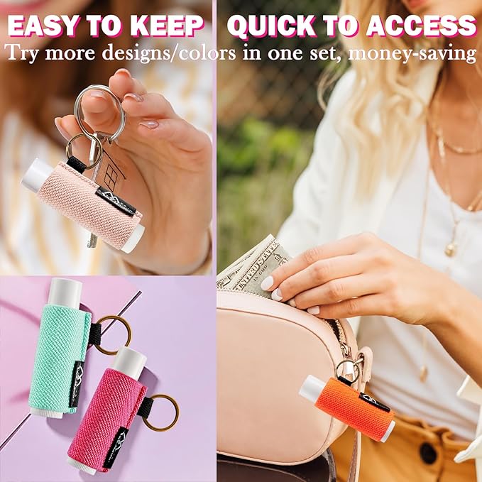 WK IEASON - Lip Balm Holder Keychain Clip On Lipstick Sleeve Chapstick Sleeve Holder Keychain Tight-Knit Elastic Lip Balm Keychain Holder (Dark blue/Alpine/Mid beige)