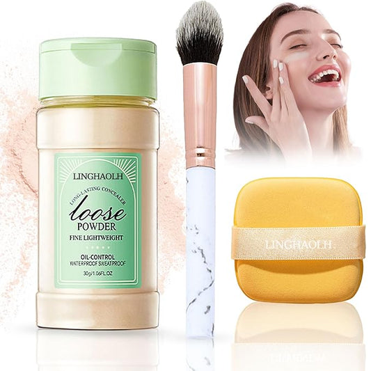 Loose Setting Face Makeup Powder Set,Lightweight Silky Mineral Loose Setting Powder Set with Makeup Brush & Foundation Face Makeup Puffs Set for Women(3PCS)