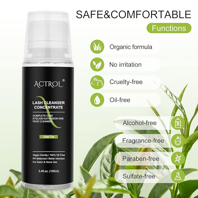 Eyelash Cleanser Concentrate 100ml Green Tea Professional Lash Shampoo Foaming Cleanser Paraben & Sulfate Free Non-lrritating Wash for Extensions Lashes with Salon Home Care-Makes 20 Bottles