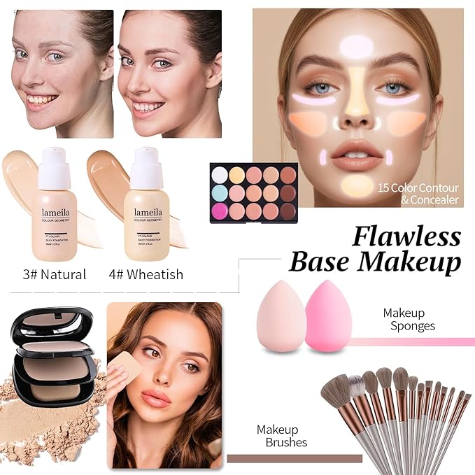 Makeup Kit for Women - Full Kit for Beginners Teens Girls, Includes 25 Colors Matte & Shimmer Eyeshadow Palettes, Blush Palette, Lip Gloss Set