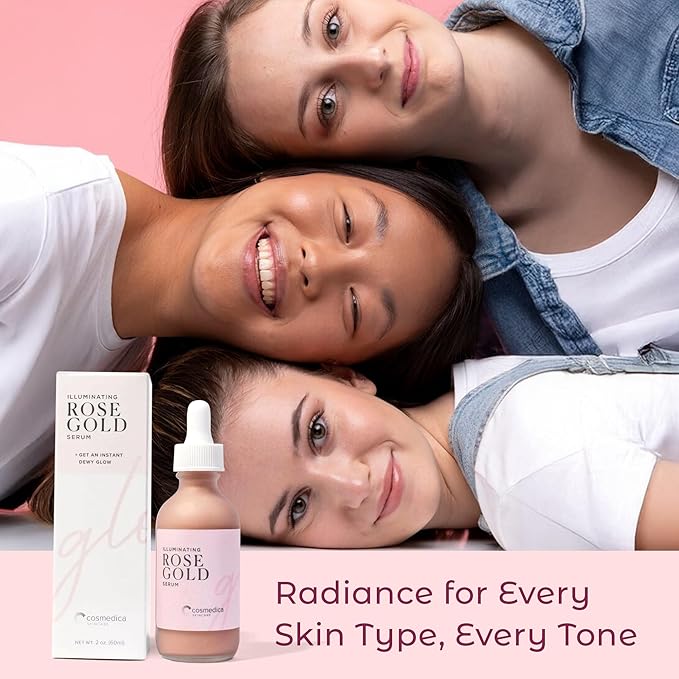 Illuminating Rose Gold Facial Serum Elixir with hydrating Aloe and Hyaluronic Acid for a light highlighting Primer - Natural makeup or no makeup look with dewy finish (2 oz.)