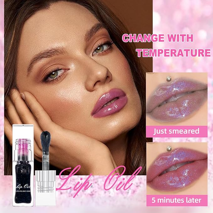 Erinde Magic Color Changing Lip Oil, Moisturizing Lip Glow Oil, Plumping Shimmer Big Brush Tinted Lip Balm, Long Lasting Nourishing Non-sticky Fresh Texture Lip Gloss