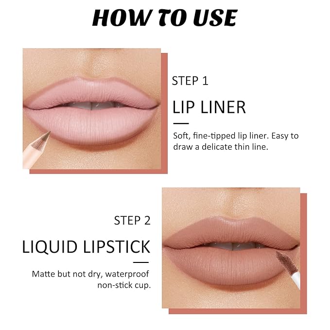 Boobeen Liquid Matte Lipstick and Lip Line Pencil Set, Nude Red Lip Makeup Longwear Waterproof Lipliner Pens & Velvet Lip Stain Lip Gloss Smooth Matte Lip Color Make Up Gift Set