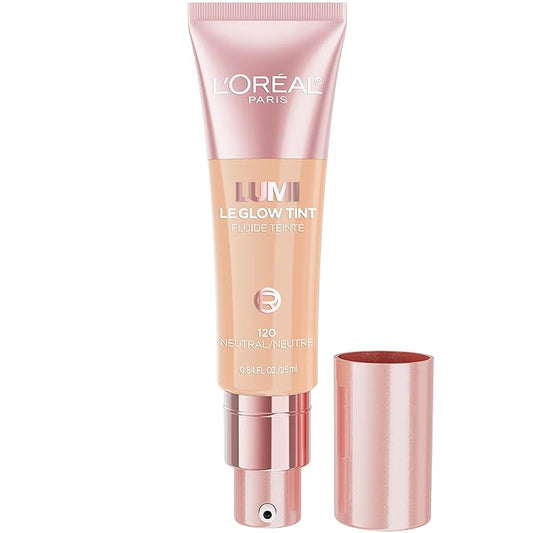 L'Oreal Paris Lumi Le Glow Skin Tint, Lightweight Water-Based Tinted Serum with Foundation-Like Coverage, Glow Illuminator, Neutral 120, 0.85 Fl Oz