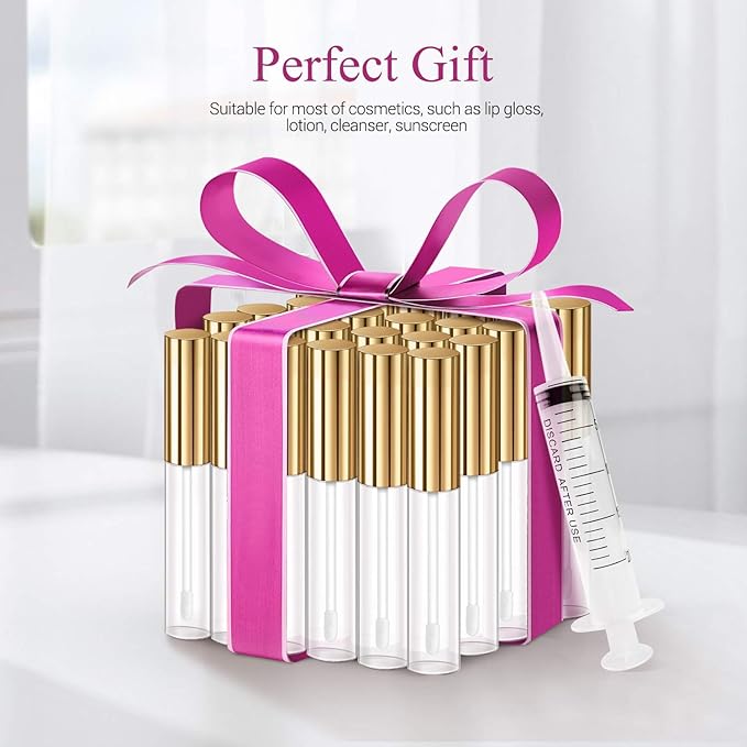 KPX 30 Pcs lip Gloss Tube Containers Bulk Wand 10ml Empty Clear Pink Lip Oil Tubes Refillable Lip Balm Bottles with Rubber Insert for DIY Makeup Such as Lip Samples, Homemade Lip Balm (Golden)