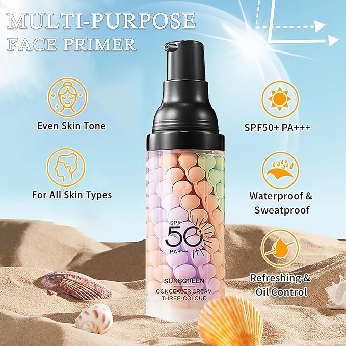 3 In 1 Primer for Face Before Makeup, SPF 50 Sunscreen Isolation Cream, One Step Color Corrector Face Primer, Oil Control & Moisturizing Skin Tone Correcting Hydrating Makeup Base (Purple, 01)
