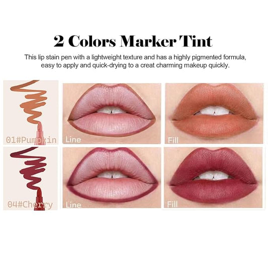 2 Color Lip Stain Tip Marker Set,Hydrating & Long Lasting Lip Liner Stain Waterproof Smudgeproof Lip Tint Matte Lip Maker with Easy Drawing Tip (Pumpkin + Cherry)
