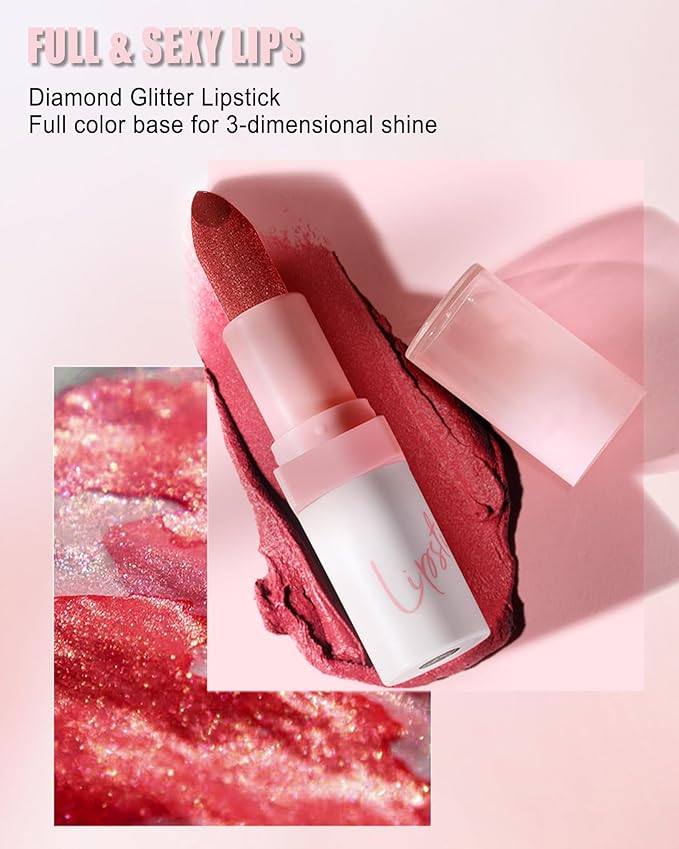 Glitter Lipstick for Women, Shimmer Sparkly Lipstick Long Lasting Waterproof, Diamond Shiny Metallic Matte Lipstick,Non-sticky, Impact Color, Bold Glimmer Glow Lip Gloss, Stage Party Makeup (02#Berry)