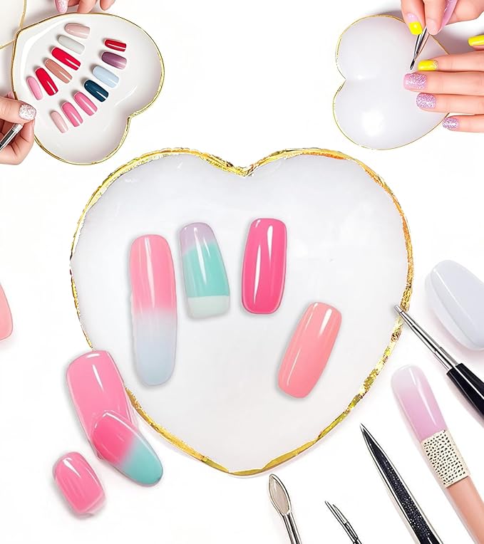 1 Piece of Resin Nail Art Palette Heart Shape Polished Color Mixing Tray Gilded Edge Makeup Display Board DIY Art Painting Tools (White)
