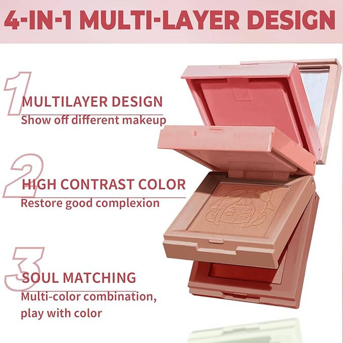 4 in 1 Blush Palette, 4 Colors Matte Face Powder Blush for Cheek, Strawberry Red, Poppy Peach, Shy Pink, Coral Orange Face Rouge Long Lasting High Pigment Lightweight Korean Blush Makeup03#