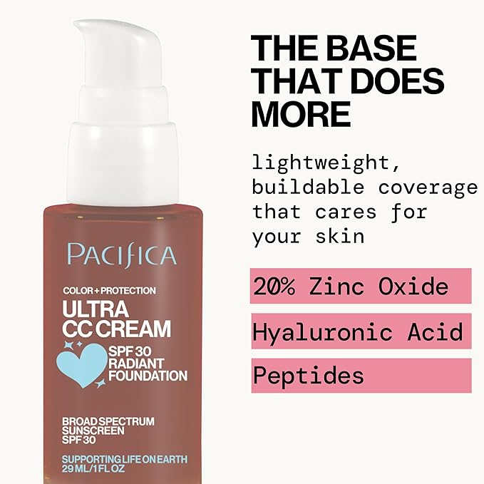 Pacifica Ultra CC Cream Radiant Foundation SPF 17 - Cool-Deep – Medium Coverage Color Correcting Cream, Dewy Finish, Mineral SPF, 1 oz