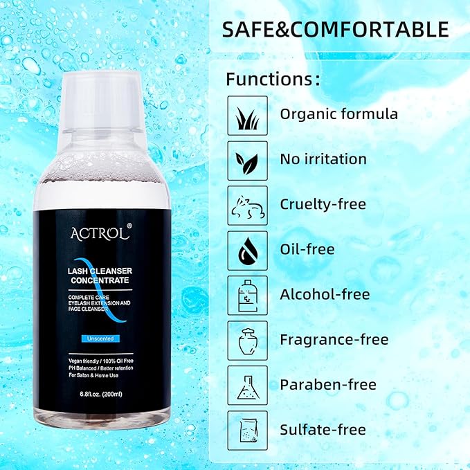 Eyelash Cleanser Concentrate 200ml Unscented Professional Lash Shampoo Foaming Cleanser Lash Wash Concentrate for Extensions Lashes with Salon Home Care-Makes 40 Bottles