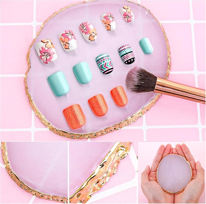 Ouligay 2pcs Heart-Shaped Resin Nail Art Palette, Gold Edge Round Makeup Mixing Palette, Nail Polish Plate, Nail Art Display Board Makeup Plate Cosmetic Mixing Tools