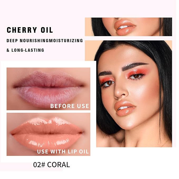Hydrating Lip Glow Oil - Moisturizing Tinted Lip Gloss Plumping Nourishing Non-sticky Long Lasting Lip Stain with Cherry Oil 0.27 fl.oz (Coral)