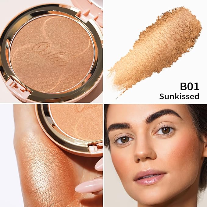 Oulac Shimmer Bronzer Powder Face Makeup with Mirror - Natural SunKissed Bronzer Look, Highly Pigmented,Long Lasting Glow, Easy to Blend, Vegan & Cruelty-Free