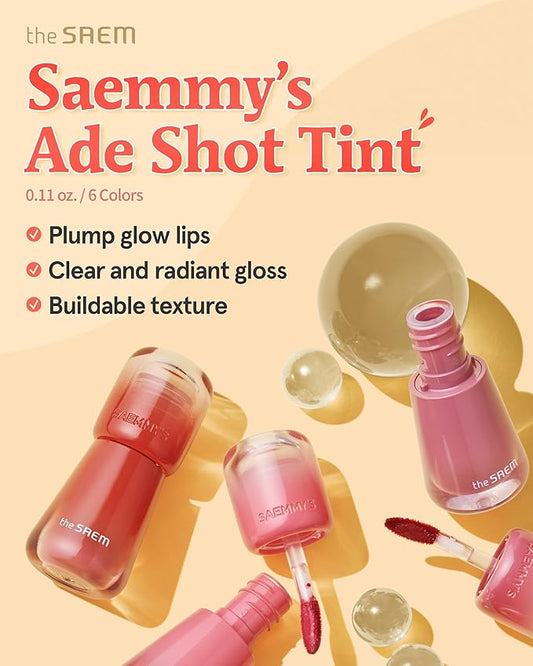 THESAEM Saemmy's Ade Shot Tint - Korean Lip Titnt, Water Gel Lip Stain with Plump Glowy Moisturizing Finish, Buildable Radiant Gloss, Long-Lasting Comfort, 0.1 fl.oz. (01 Grapefruit honey)