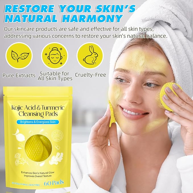 Turmeric Cleansing Pads Kojic Acid Turmeric Cleansing Pads, Face Turmeric & Kojic Acid Pads for Dark Spots, Glow Up Acne Scars, Unclog Pores, Enriched Vitamin C,Gentle & Non-Irritating