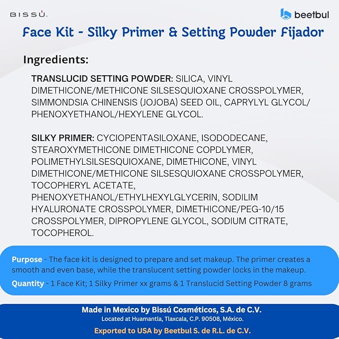 Bissú Face Kit: Silky Primer (27.5 ml) & Setting Powder (8g) - Oil-Free, Fragrance-Free, with Hyaluronic Acid & Jojoba Oil for a Matte Finish