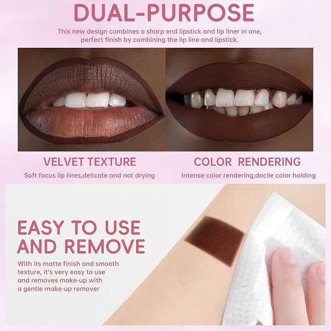 Dark Brown Lip Liner Lipstick, 2 in 1 Gradient High Pigmented Cream Matte Lip Pencil Lip Stain, Long Lasting Brown Lip Liner Plumping Lip Makeup for Women Girls, 08