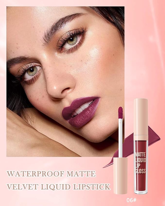Matte Liquid Lipstick, Nude Red Velvet Lipstick Moisture Smooth Lip Stain Tint, 24H Stay Matte Lipstick, Non-Stick Cup Not Fade Long Wear Waterproof Lip Gloss Lipstick Gift for Women Girls-06#