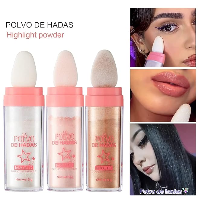 GL-Turelifes Polvo De Hadas Hightlighter Powder Stick Puff Fairy Bomb Stick Glitter Loose Powder Highlight Contouring Powder Shimming Powder for Eyes, Face, Body Brighten Makeup (#02 Pink)
