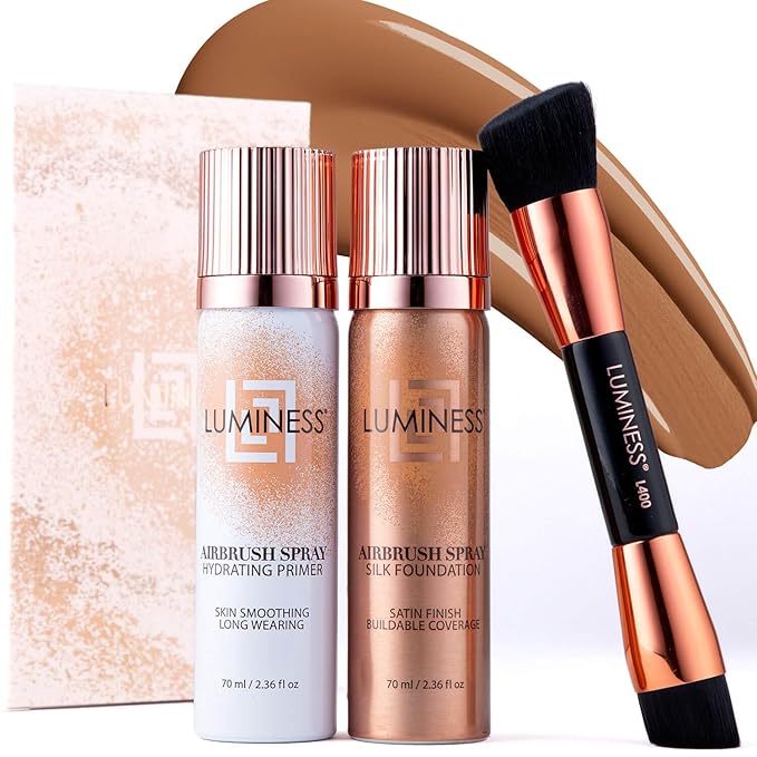 LUMINESS Airbrush Flawless 4-PC Makeup Kit - Includes Eyeshadow Palette, Airbrush Foundation, Primer & Makeup Brushes - Long-Lasting, Silky, Easy to Blend Make Up Set, Travel Size (10 - Tan)