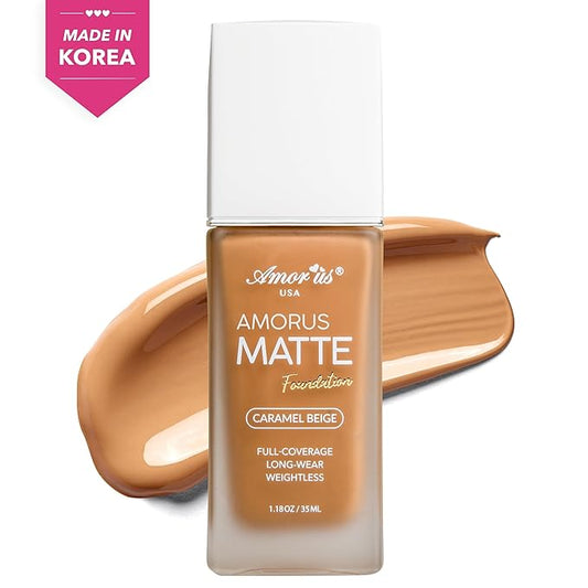 Beauty Amorus Matte Foundation, Full Coverage, Creamy Smooth Made in Korea, K-Beauty, Even Buildable Texture, Patch Free, Easy to Blend, Long Lasting, All Skin Types (Caramel Beige, 1.18 oz)