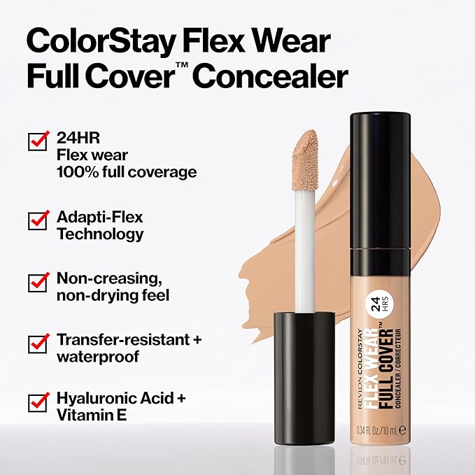 Revlon ColorStay Flex Wear, Full Cover Non-Creasing Concealer, Infused with Hyaluronic Acid & Vitamin E, Flexible Longwear, 026 Crème Brulee, 0.34 Fl Oz