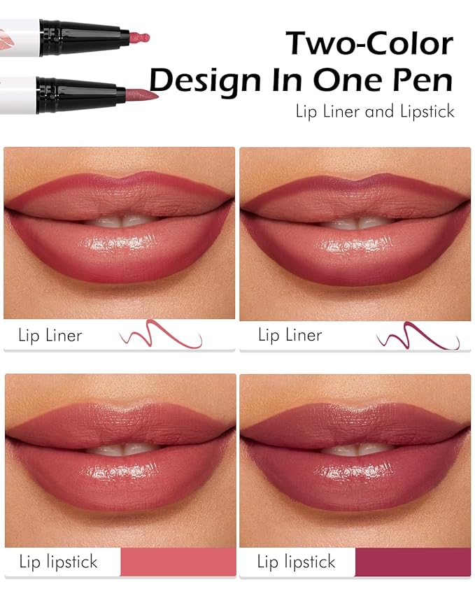Double-headed Lip Liner Stain Long Lasting Waterproof 2 Colors Liquid Lip Liner Pencil Marker High Pigmented Smooth Application Precise Pen-Like & Chisel Tip Hydrating Lipstick for Women, 02