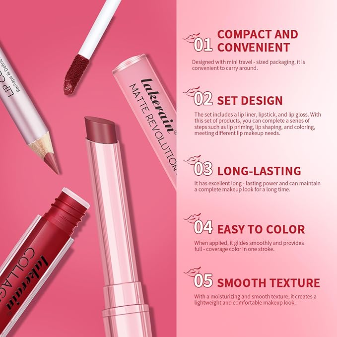 3PCS Lip Liner and Lipstick Combo Set - Matte Lip Liner Pencil, Velvet Matte Lipstick & Hydrating Collagen Lip Gloss - Long-Lasting, Smudge-Proof, High Pigment Nude Brown Lip Makeup Kit (Set 3, 3)