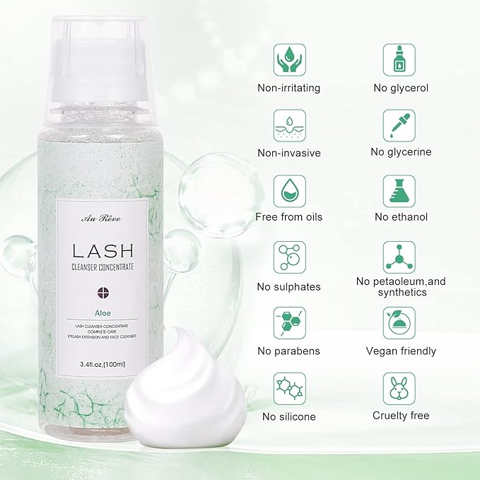 Eyelash Cleanser Concentrate 100ml Lash Extension Shampoo Oil-Free Eyelash Extension Shampoo with Salon Home Care -Makes 20 Bottles 60ml Lash Shampoo, Aloe