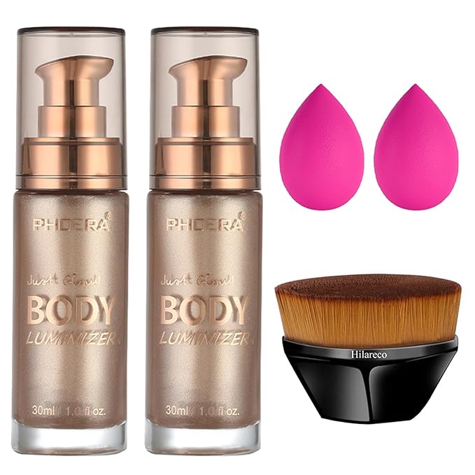 PHOERA Body Shimmer Oil,Waterproof Long Lasting Moisturizing Body Luminizer Glow, Illuminator Highlighter for Face with Makup Bursh, 1oz/Jars(2PCS 101 Rose Gold)