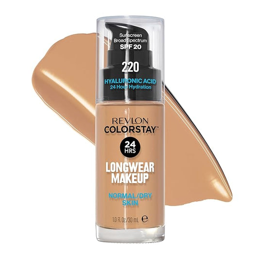 Revlon Liquid Foundation, ColorStay Face Makeup for Normal and Dry Skin, SPF 20, Longwear Medium-Full Coverage with Matte Finish, Oil Free, 220 Natural Beige, 1.0 Oz