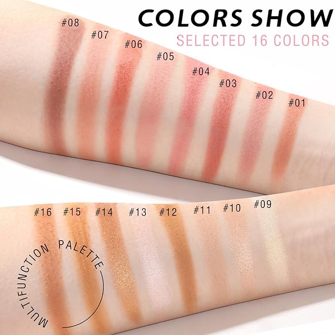 16 Colors Blush Contour Highlighter Makeup Palette, All-in-One Shimmer Silky Matte Mineral Blush Powder Face Sculpting Bronzer Blusher Illuminator for a Natural Glowing