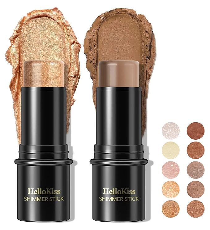 POPMISOLER 2pcs Makeup Highlighter & Cream Contour Stick, Natural Face Bronzer & Cool Toned Contour Kit for Beginners, Waterproof Shimmer Highlight Stick