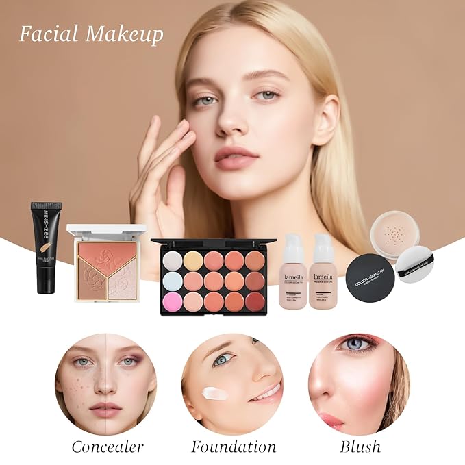 All in One Makeup Kit for Women Full Kit,Makeup Set for Women, Includes Eyeshadow Palette/Foundation/Lipstick/Eyeliner/Mascara/makeup Brush,Makeup Gift Set for Halloween & Birthday&Holiday&Everyday.