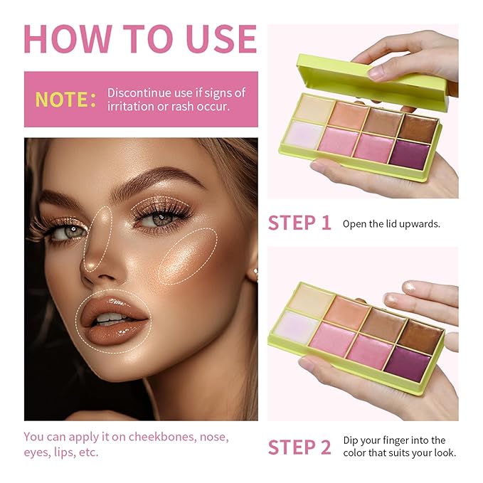 8 Colors Multi-use Cream Contour Highlighter Palette Makeup,Concealer Palette for Cheek Eye Nose Face Body,Cheek Lip Tint,Lightweight Soft Buildable Blendable Natural Look