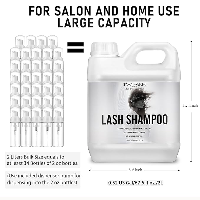 Lash Shampoo Bulk, Eyelash Cleanser for Extensions 2 Liters, Dispenser Pump, Non-irritating or Burning Eyelid Foaming Cleanser for Professional Salon and Home Use (Classic Charm-2L)