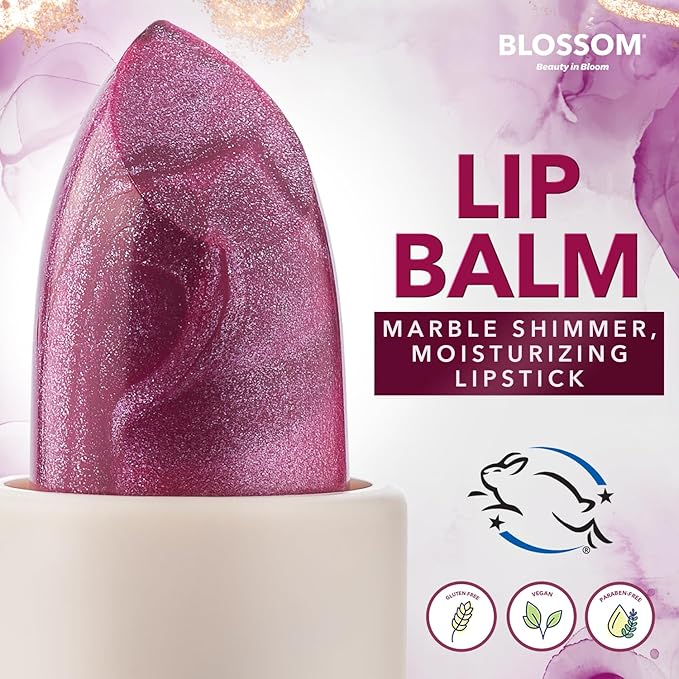 Blossom Marble Shimmer Lip Balm Moisturizing Lipstick with Shea Butter, Jojoba, Olive Oil, 0.12oz/3.5g, Berry