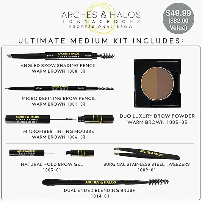 Arches & Halos - Ultimate Brow Hero Kit - Eyebrow Styling Makeup Kit, Pencil, Gel, Shading, Powder, Mousse, Natural and Bold Precise Brow Shaper - Hypoallergenic, Vegan - 7 Pc Kit, Medium