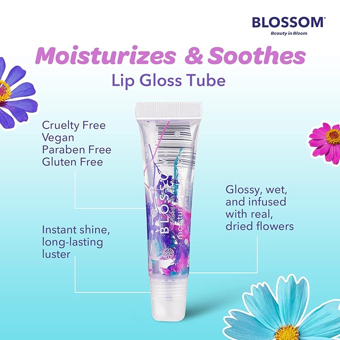 Blossom Lip Gloss Tubes, Coconut Scented Thick Clear High Shine Moisturizing Flower Lip Gel with Nourishing Jojoba Seed Oil, Infused with Real Flowers, 0.3oz, Coconut